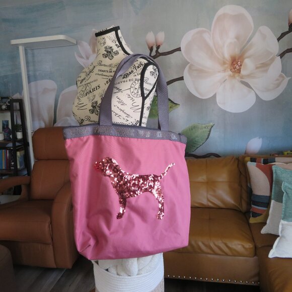 Victoria's Secret Handbags - Victoria Secret PINK Large Tote Shopping Bag Sequin Dog Design Great Condition!